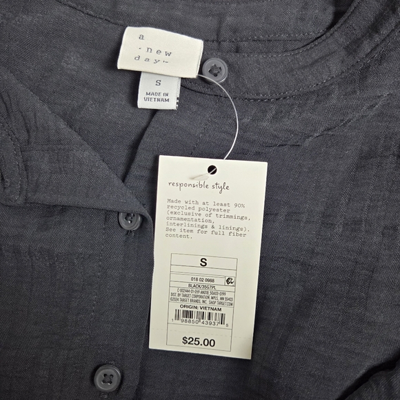 A New Day Black Ruffle-Trim Button Front Top Small Short Sleeve Business Casual - Picture 6 of 8